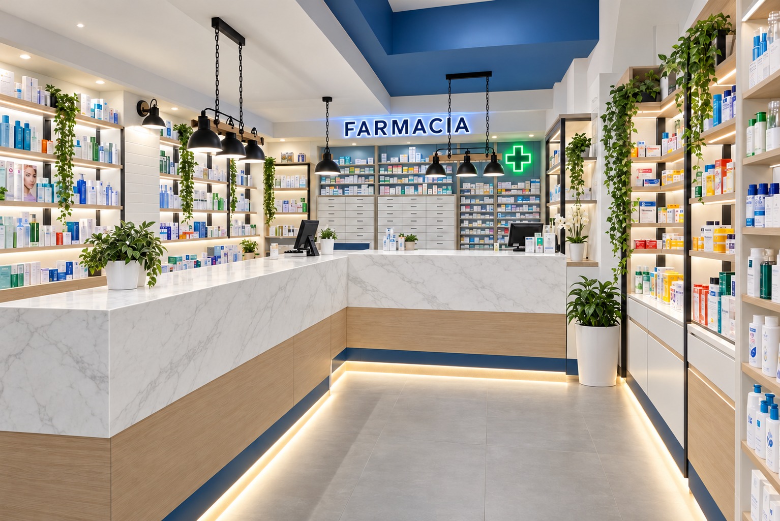 Banco e scaffali di farmacia progettati su misura